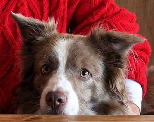 Leizl’s dog, a brown and white herding dog, resting its chin on a wooden table