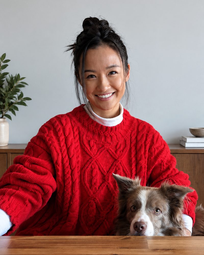 Leizl smiling in a red cable-knit sweater, her dog resting its chin on the table beside her